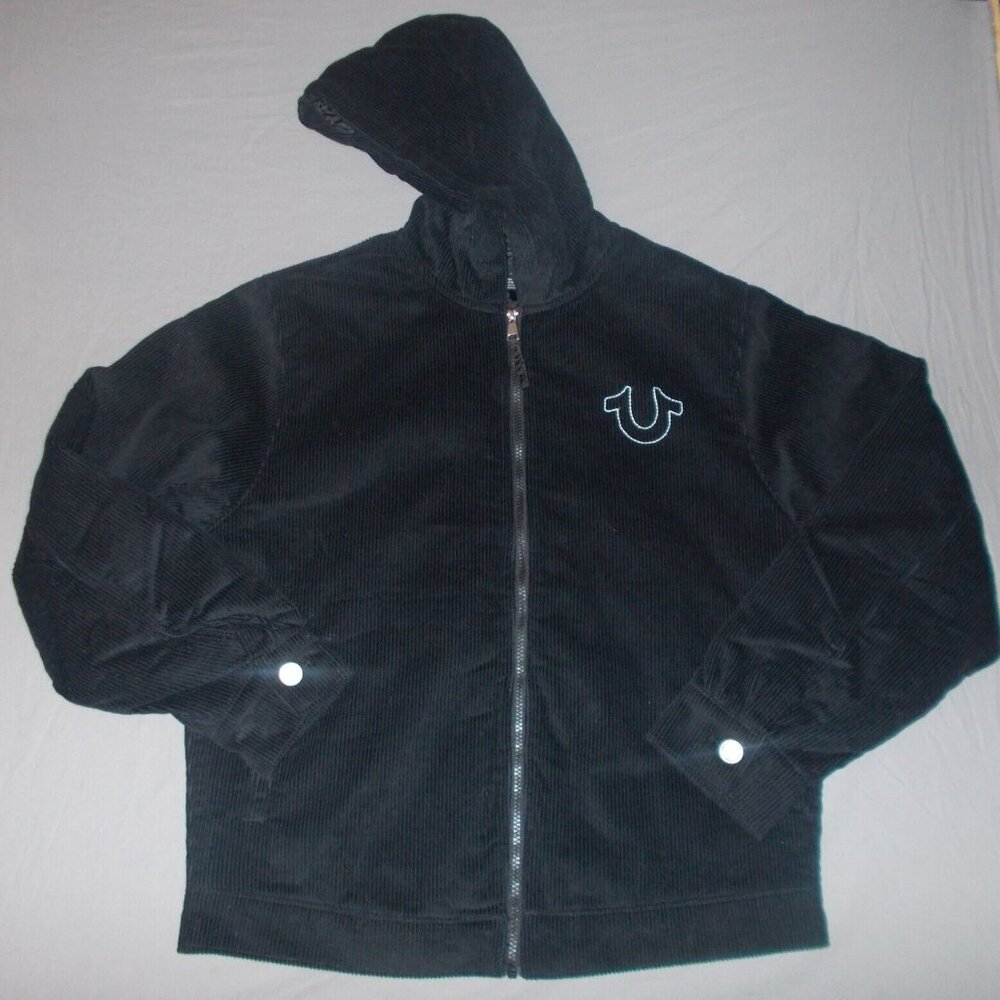 True Religion Hooded Vintage Corduroy Jet Black Jacket Zip Mens Size Medium NWT
